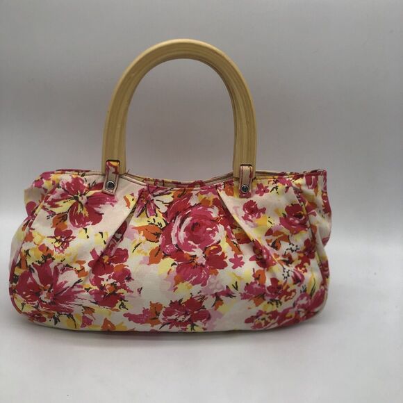 Old Navy Hobo Purse Canvas Floral Handbag Summer Wood Handle Floral Cottage - Picture 3 of 11
